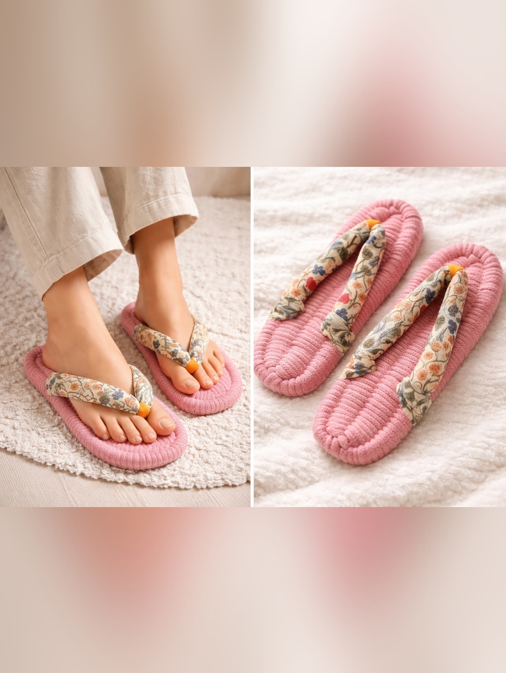 Vintage Japanese Fabric Meri Thong Slippers Pink Floral Size 7.5 Preowned